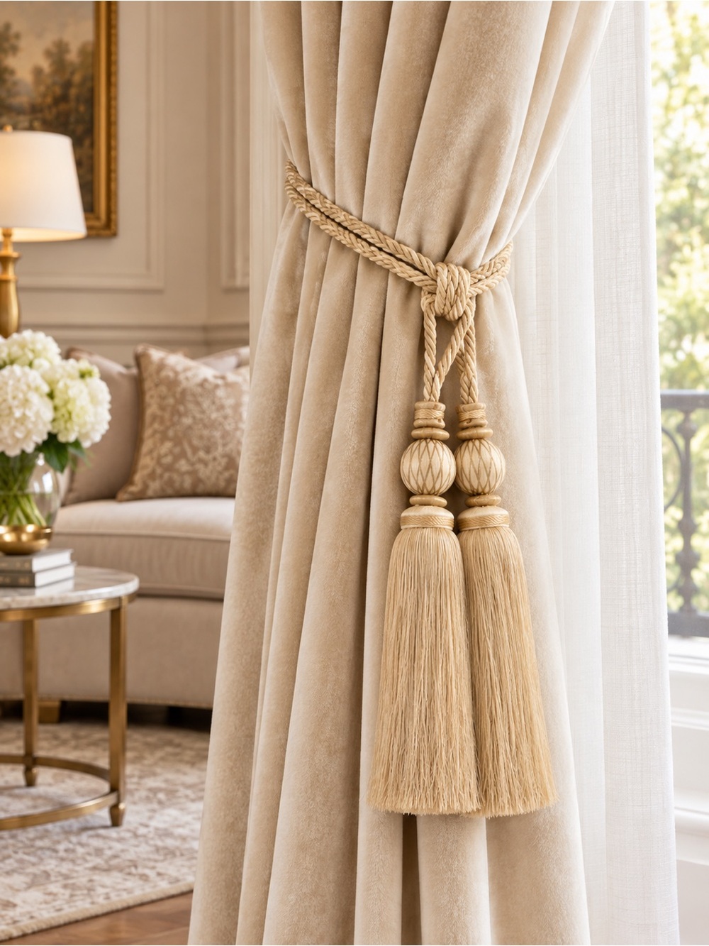 Elegant Double Tassel Curtain Tieback in Beige